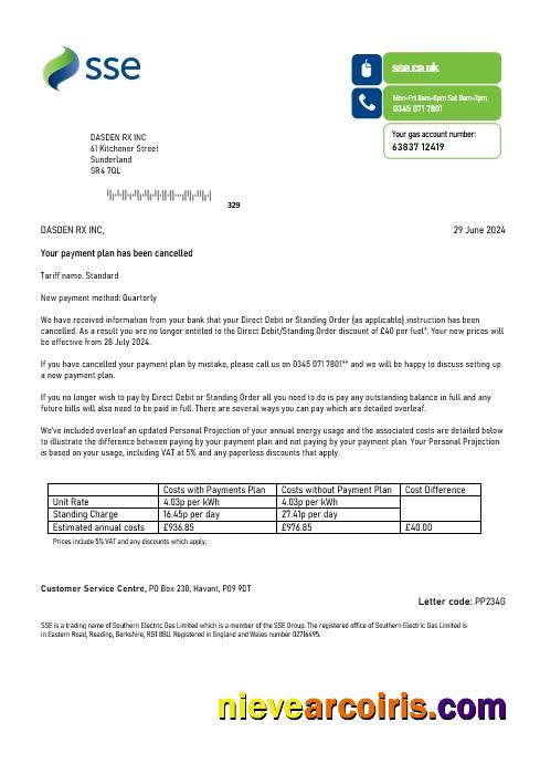 United Kingdom SSE Energy business utility bill, version 1